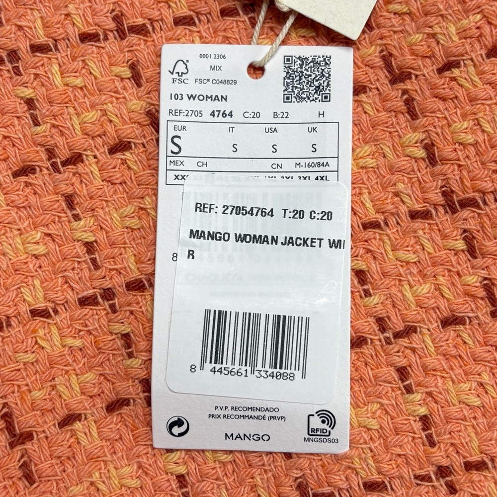 Mango MNG Short Tweed Blazer Orange Goldtone Button Details Size S NEW - Picture 15 of 15